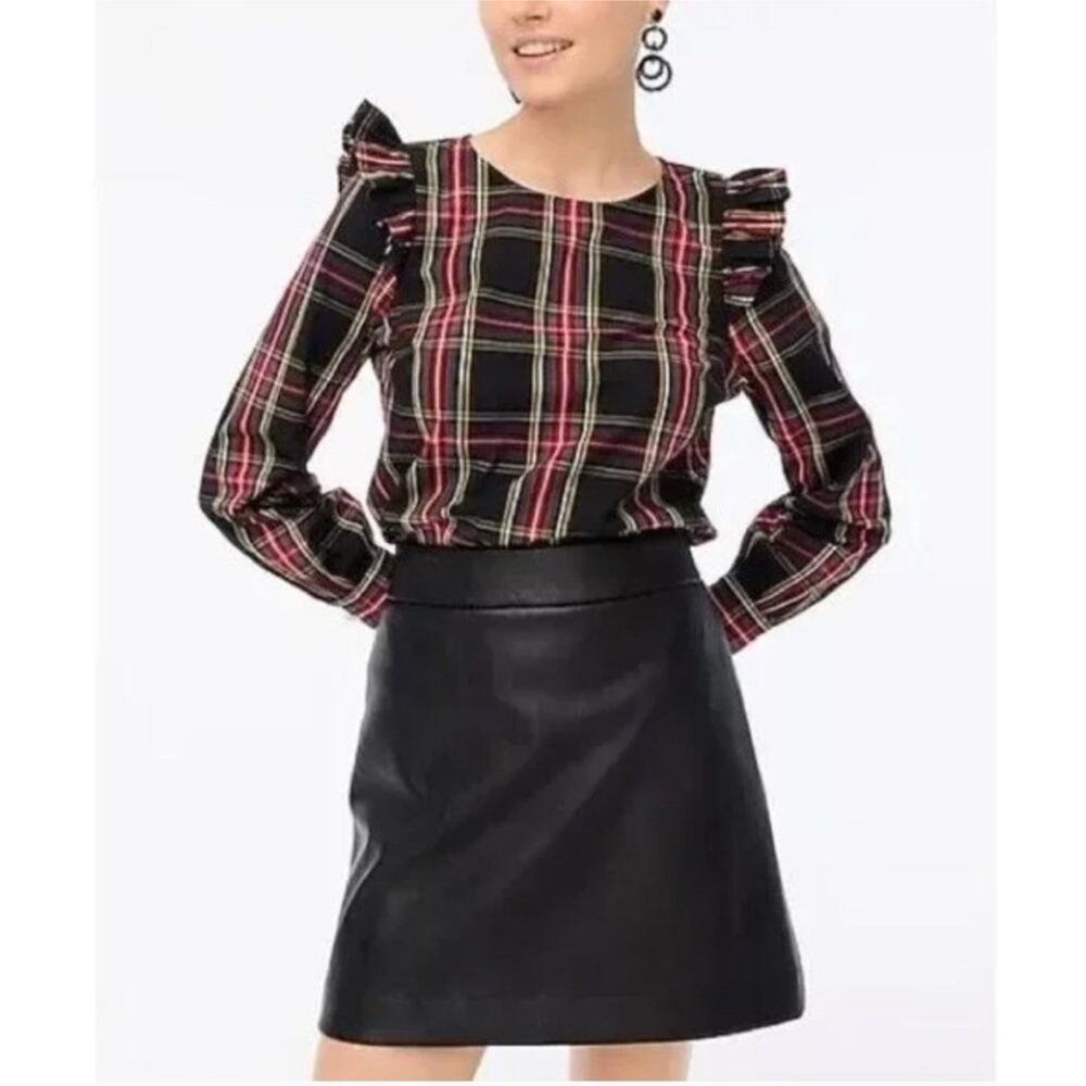 J. Crew Stewart Tartan Plaid Ruffle Popover Poplin Blouse Holiday Black Medium